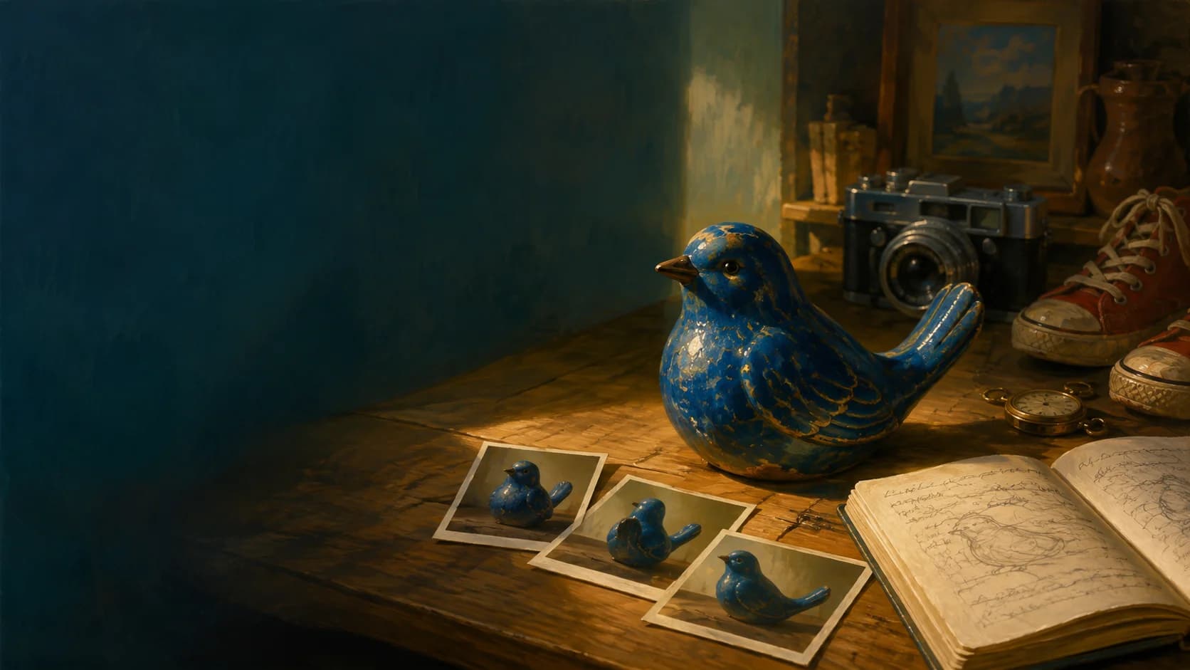 An illustrated blue ceramic bird with photographs of the same bird from several angles, on a warmly lit table.